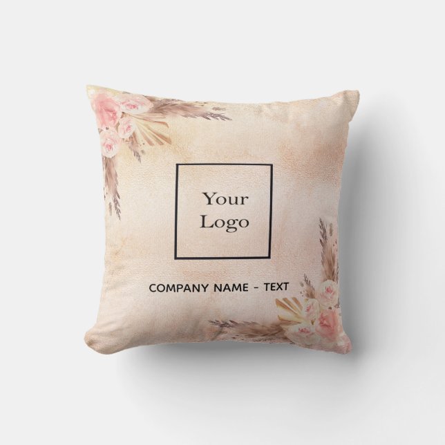 Pampas grass rose gold floral business logo throw pillow (Front)