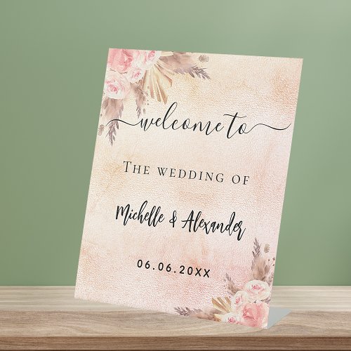 Pampas grass rose gold floral welcome wedding pedestal sign