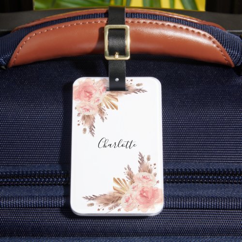 Pampas grass rose gold floral white name luggage tag