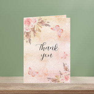 Pampas grass rose gold florals boho letterpress thank you card