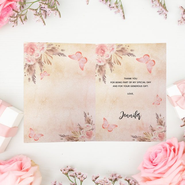 Pampas grass rose gold florals boho letterpress thank you card (Creator Uploaded)