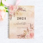 Pampas grass rose gold florals name 2024 planner<br><div class="desc">A rustic rose gold and pink faux metallic looking background. Decorated with rose gold,  pink florals,  pampas grass. Personalize and add a name,  title and year.  The name is written with a modern hand lettered style script.</div>