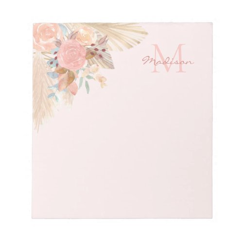 Pampas Grass Rose Gold Florals Name Monogram Notepad