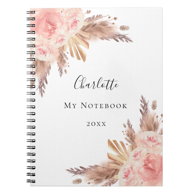 Pampas grass rose gold florals name notebook (Front)