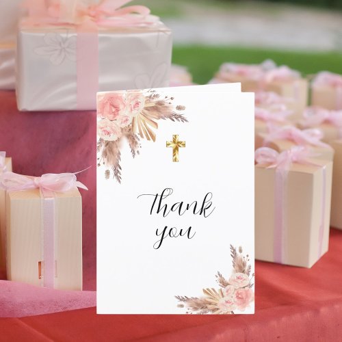 Pampas grass rose gold florals photo christening thank you card