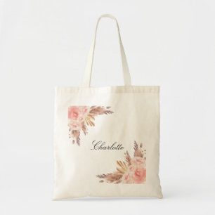 Pampas grass rose gold flowers name elegant tote bag