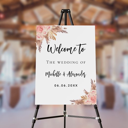 Pampas grass rose gold flowers welcome wedding foam board