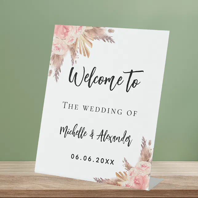 Pampas grass rose gold flowers welcome wedding pedestal sign | Zazzle
