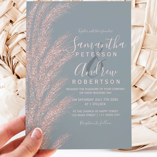 Pampas grass rose gold glitter dusty blue wedding invitation