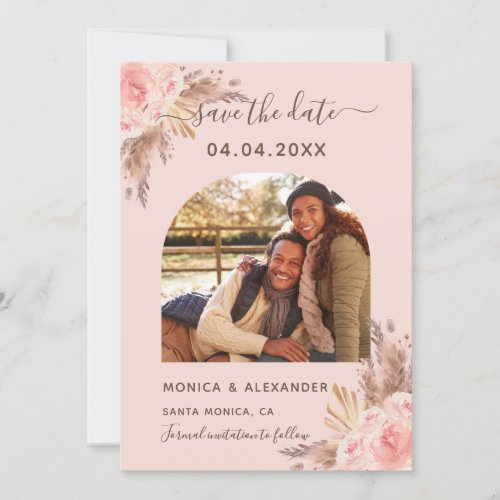 Pampas grass rose gold photo wedding save the date