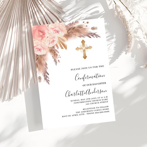 Pampas grass rose gold pink luxury confirmation invitation