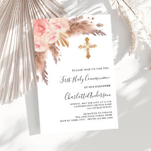 Pampas grass rose pink luxury first communion invitation