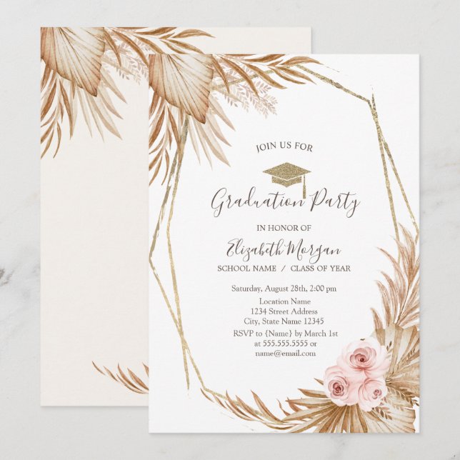Pampas Grass Roses Grad Cap,Graduation  Invitation (Front/Back)