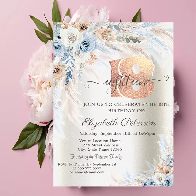 Pampas Grass Roses Ivory 18th Birthday Invitation | Zazzle