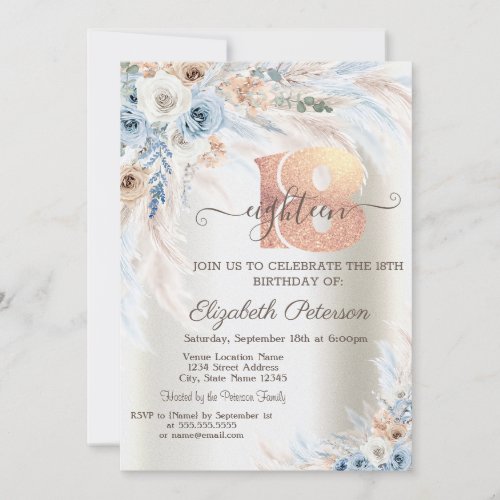 Pampas Grass Roses Ivory 18th Birthday  Invitation