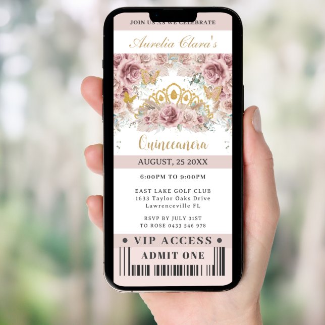 Pampas Grass Roses Quinceañera Sweet 16 VIP Ticket Invitation (Front Digital)