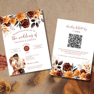 Pampas Grass Rust Fall QR Code All In One Wedding Invitation