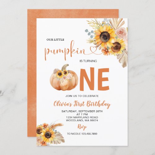 Pampas Grass Rust Orange Pumpkin 1st Birthday Invitation