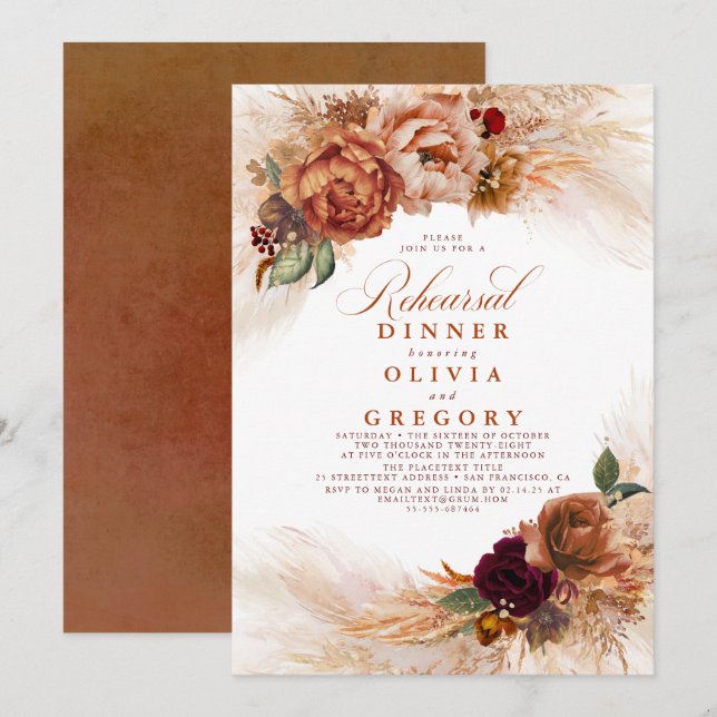 Pampas Grass Rust Terracotta Rehearsal Dinner Invitation (Front/Back)