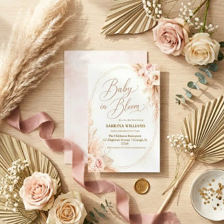 Pampas grass rustic boho baby in bloom baby shower invitation