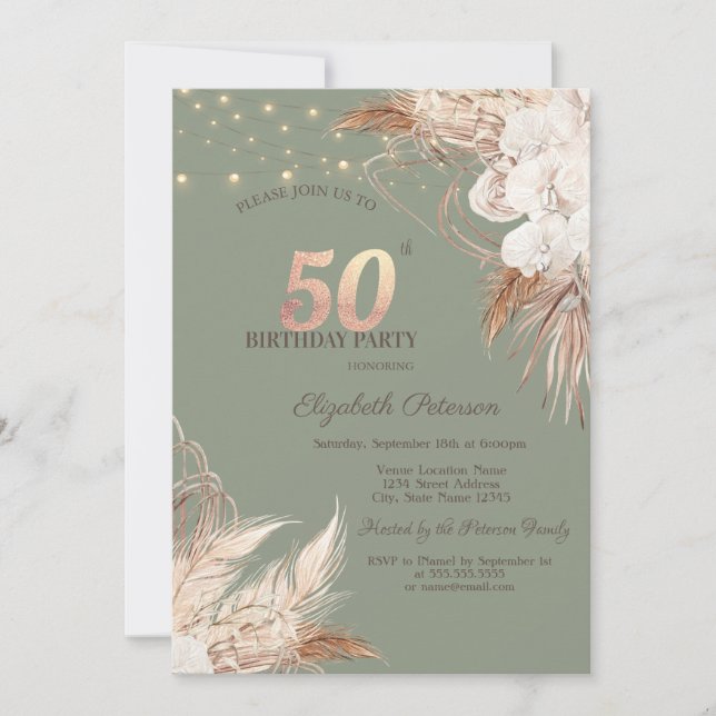 Pampas Grass Sage Green 50th Birthday Invitation (Front)