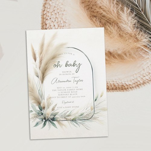 Pampas Grass Sage Green Arch Neutral Baby Shower Invitation