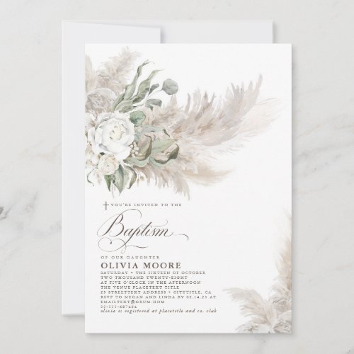 Pampas Grass Sage Greenery Floral Baptism Invitation