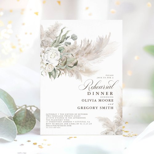 Pampas Grass Sage Greenery Floral Rehearsal Dinner Invitation