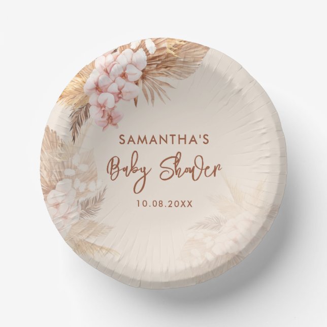 Pampas Grass Script Pink Floral Baby Shower Paper Bowls (Front)