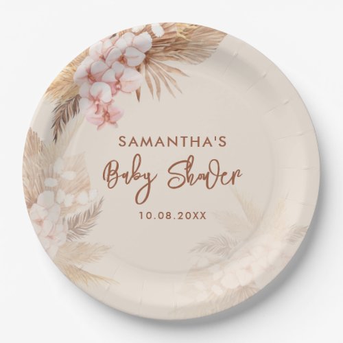 Pampas Grass Script Terracotta Baby Shower Paper Plates