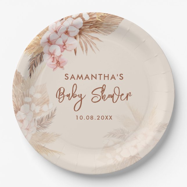 Pampas Grass Script Terracotta Baby Shower Paper Plates (Front)