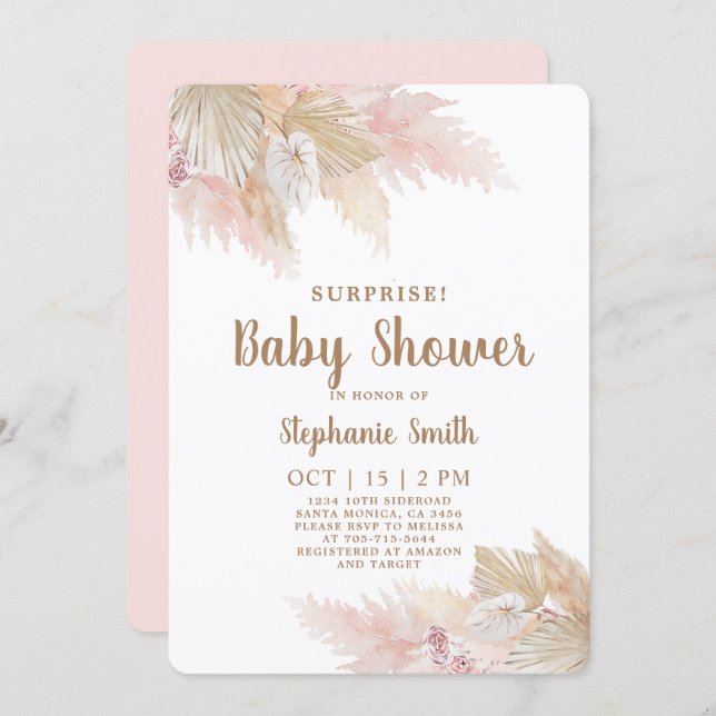 Pampas Grass Surprise Baby Shower Girl Invitation (Front/Back)