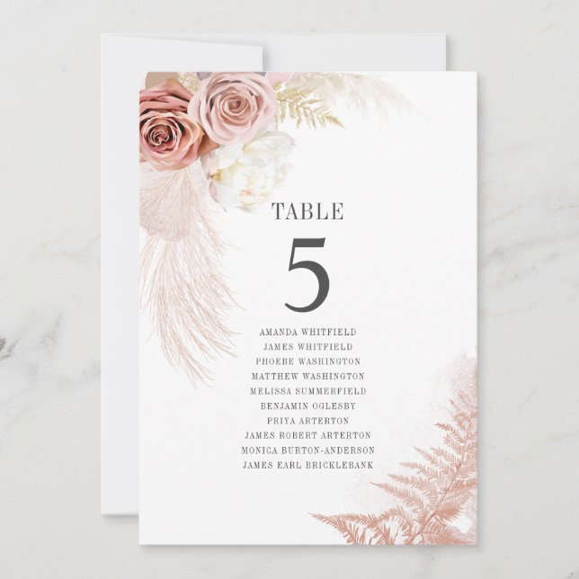 Pampas Grass Table Number 5 Wedding Seating Card (Front)