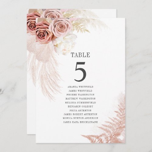 Pampas Grass Table Number 5 Wedding Seating Card