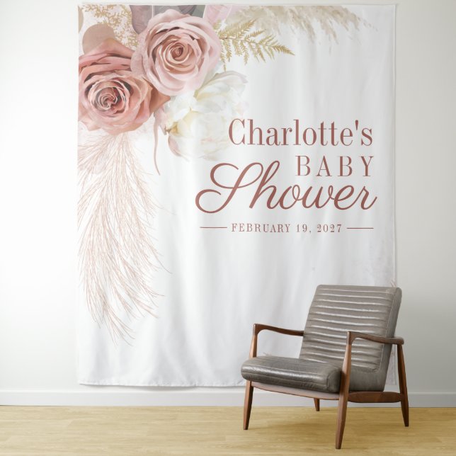 Pampas Grass Tan Baby Shower Photo Booth Backdrop (In Situ)