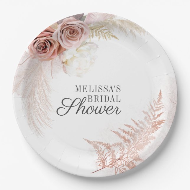 Pampas Grass Tan Bridal Shower Paper Plates (Front)