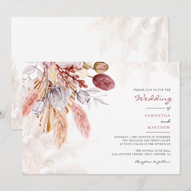 Pampas Grass Tan Floral Rustic Wedding Invitation (Front/Back)