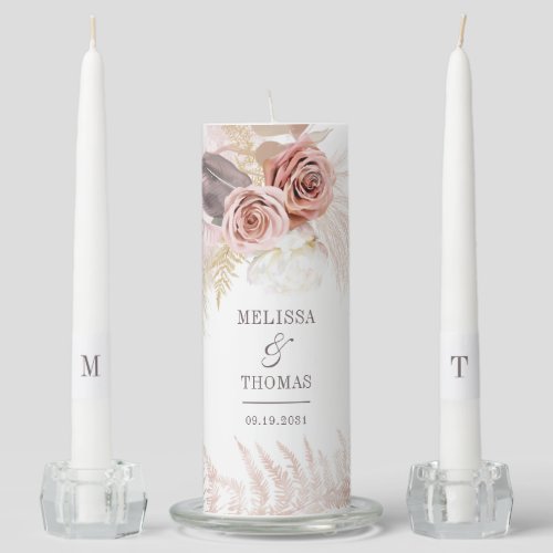 Pampas Grass Tan Rustic Floral Wedding Unity Candle Set