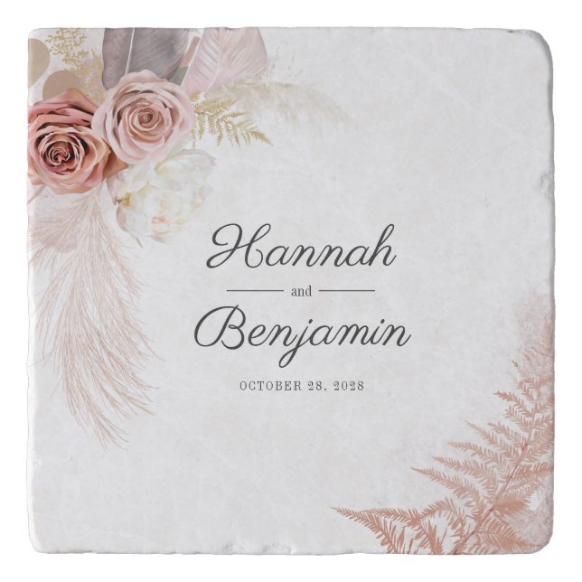Pampas Grass Tan Terracotta Script Wedding Trivet (Front)