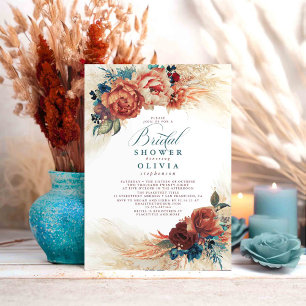 Pampas Grass Teal Blue Terracotta Bridal Shower Invitation