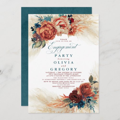 Pampas Grass Teal Blue Terracotta Engagement Party Invitation