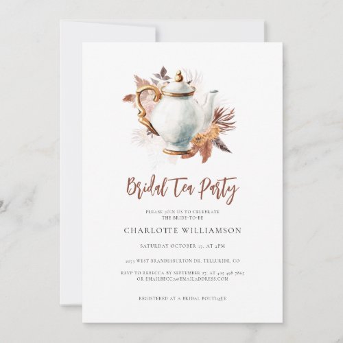 Pampas Grass Teapot Bridal Tea Party Invitation