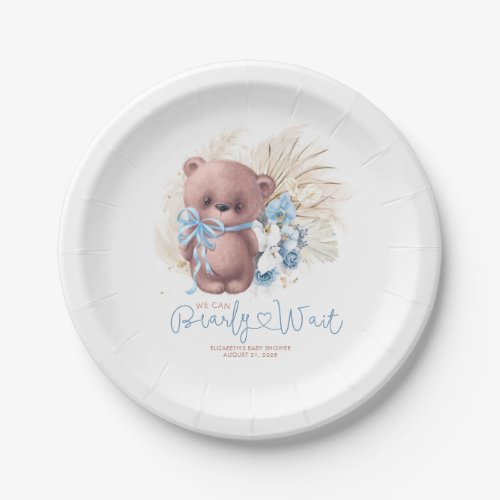 Pampas Grass Teddy Bear Baby Shower Blue Boho Paper Plates