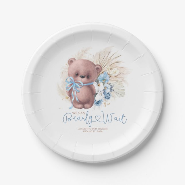 Pampas Grass Teddy Bear Baby Shower Blue Boho Paper Plates (Front)