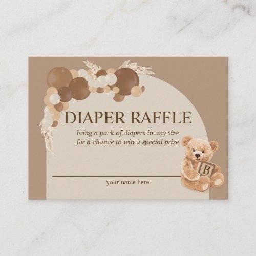 Pampas Grass Teddy Bear Diaper Raffle  Enclosure Card