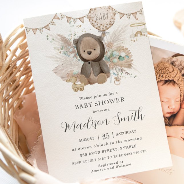 Pampas Grass Teddy Bear Gender Neutral Baby Shower Invitation (Creator Uploaded)