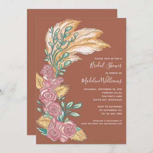 Pampas Grass Terra Cotta Rose Boho Bridal Shower  Invitation