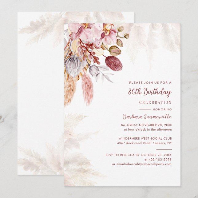 Pampas Grass Terracotta 80th Birthday Party Invitation (Front/Back)