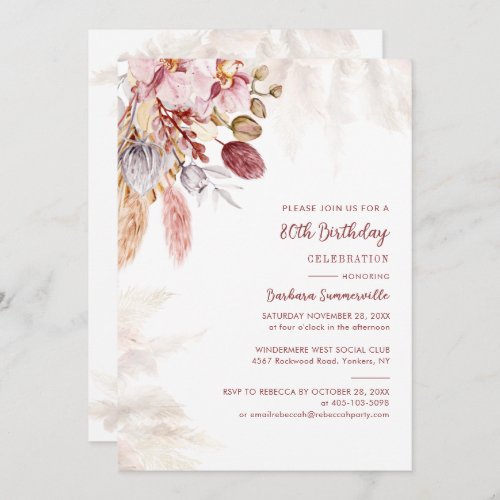 Pampas Grass Terracotta 80th Birthday Party Invitation