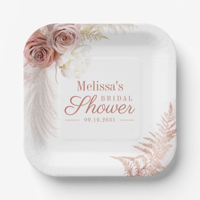 Pampas Grass Terracotta Blush Bridal Shower Paper Plates (Front)